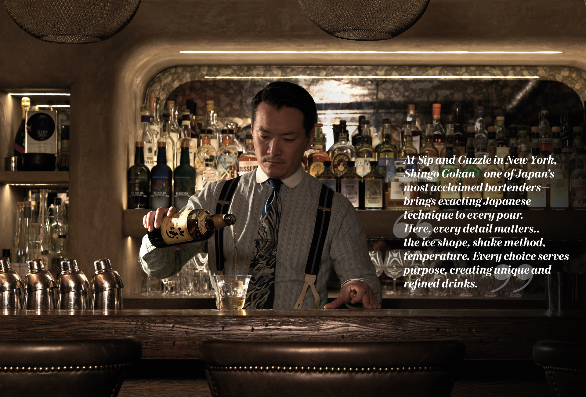Image of Shingo Gokan—one of Japan's most acclaimed bartenders—brings exacting Japanese technique to every pour. "Here, every detail matters. The ice shape,shake method, temperature. Every choice serves purpose, creating one drink that's unique and refined. "