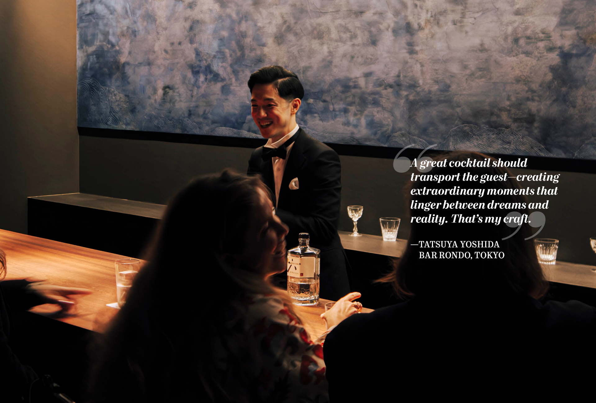Image of TATSUYA YOSHIDA at Bar Rondo, Tokyo with quote " A great cocktail should transport the guest— creating extraordinary moments that linger between dreams and reality. That's my craft."
